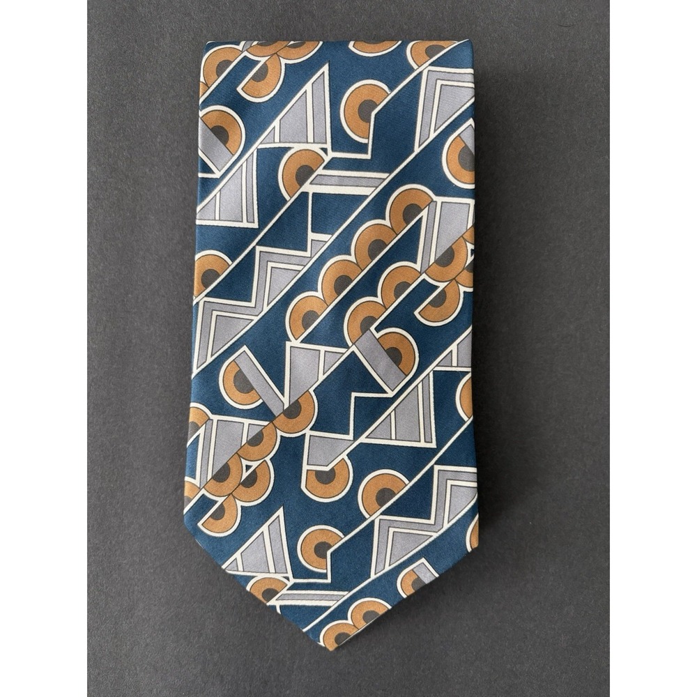 Gino Pompeii VINTAGE MENS TIE Blue Geometric Pattern 100% Silk RN43170